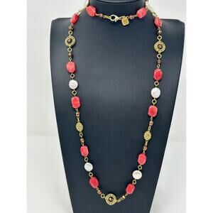 Gina Jiang Pink Gemstone and Keshi Pearl Gold Tone Necklace